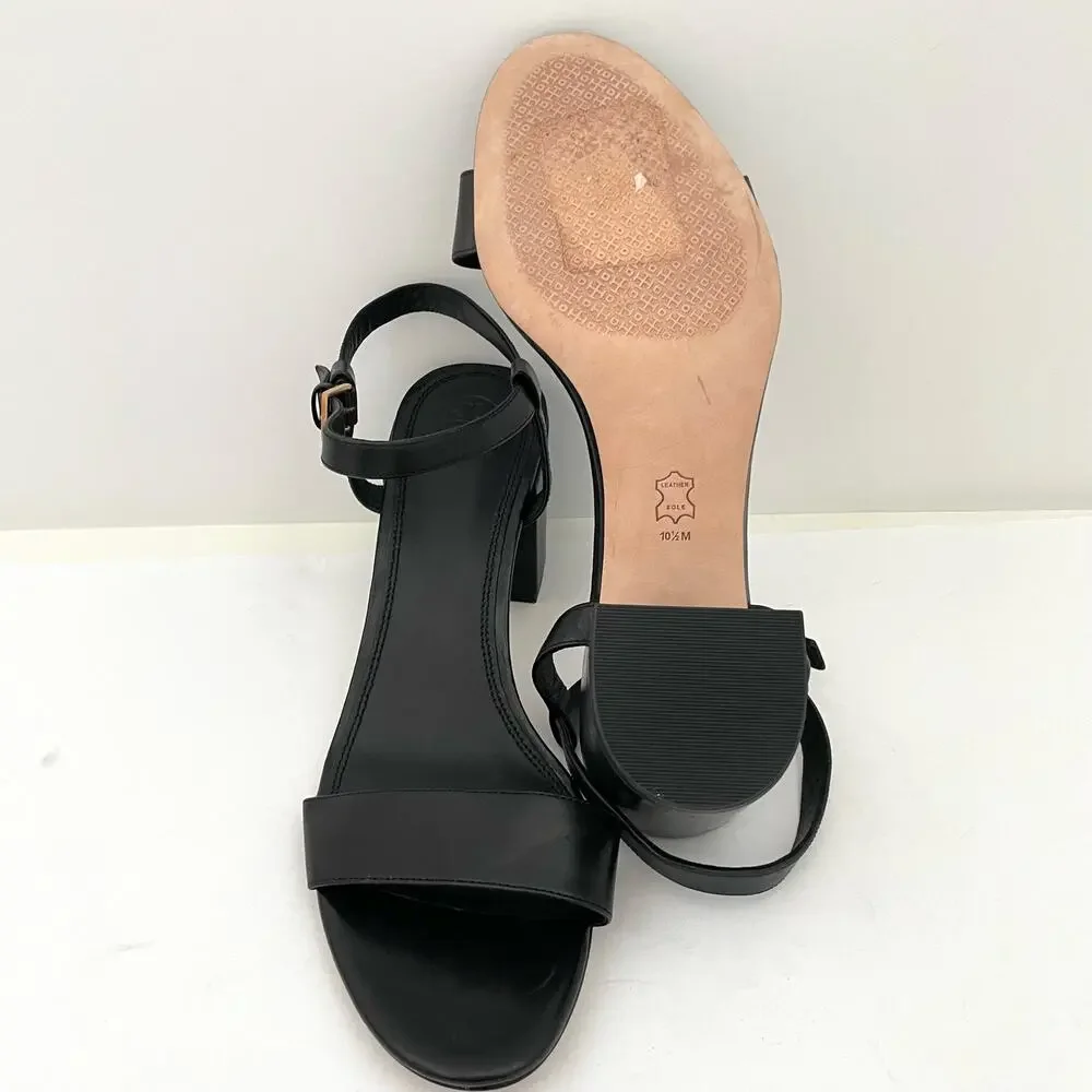 Tory Burch Black Leather Block Heel Sandals with Gold Buckle